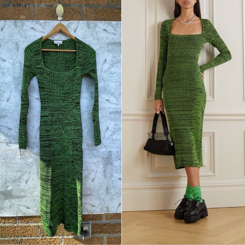 GANNI KNIT SQUARE-NECK MIDI DRESS - KELLY SMALL